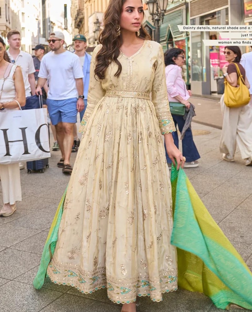 BLUE - Designer Beige Embroidered Indo Western Simar Silk Anarkali Gown